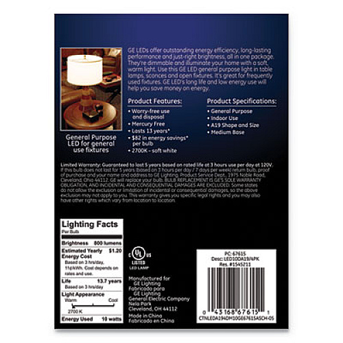 GE LED SW A19 Dimmable Light Bulb, 10 W, Soft White, 4/Pack (67615)