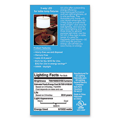 GE LED DAYLIGHT 3-WAY A21 LIGHT BULB, 11 W (92120)