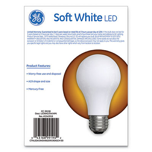 GE Classic LED Soft White Non-Dim A19 Light Bulb, 8 W, 4/Pack (99190)