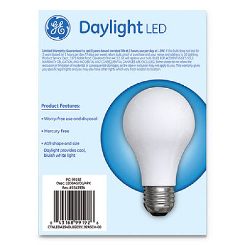 GE Classic LED Daylight Non-Dim A19 Light Bulb, 8 W, 4/Pack (99192)