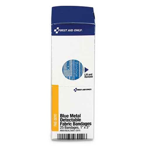 First Aid Only Refill for SmartCompliance General Cabinet, Blue Metal Detectable Bandages, 1 x 3, 25/Box (FAE3010)