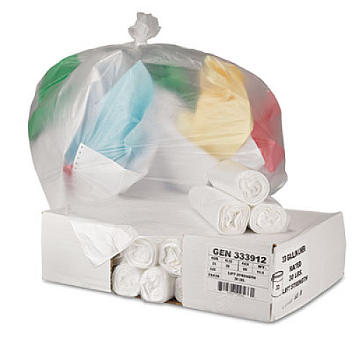 General Supply High-Density Can Liners, 33 gal, 9 mic, 33" x 39", Natural, Perforated Roll, 25 Bags/Roll, 20 Rolls/Carton (333912)