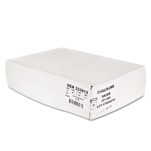 General Supply High-Density Can Liners, 33 gal, 9 mic, 33" x 39", Natural, Perforated Roll, 25 Bags/Roll, 20 Rolls/Carton (333912)