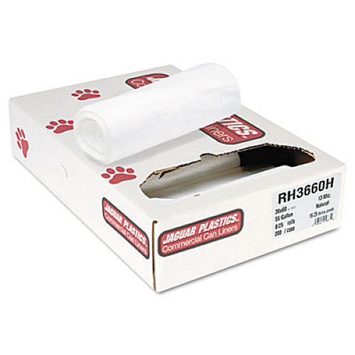 Jaguar Plastics INDUSTRIAL STRENGTH COMMERCIAL CORELESS ROLL CAN LINERS, 55 GAL, 13 MICRONS, 36" X 60", NATURAL, 200/CARTON (JAGRH3660H)