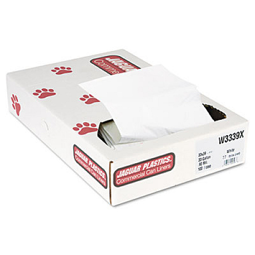 Jaguar Plastics INDUSTRIAL STRENGTH LOW-DENSITY COMMERCIAL CAN LINERS, 33 GAL, 0.9 MIL, 33" X 39", WHITE, 100/CARTON (JAGW3339X)