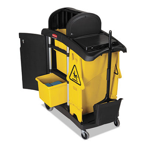 Rubbermaid Commercial High Capacity Cleaning Cart, Plastic, 4 Shelves, 2 Bins, 21.75" x 49.75" x 38.38", Black (9T7200BK)