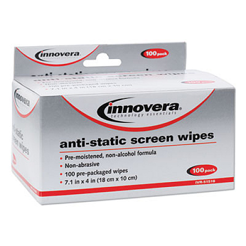 Innovera Antistatic Screen Cleaning Wipes, Cloth, 7 1/4 x 4 3/4, White, 100/Pack (IVR51516)