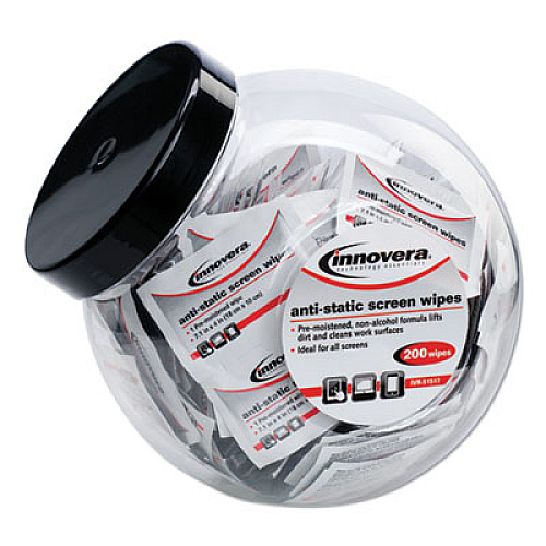 Innovera Antistatic Screen Cleaning Wipes, 200 Sachets, Fishbowl Black Top (IVR51517)