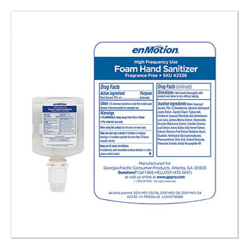 Georgia Pacific Professional GP enMotion High-Frequency-Use Foam Sanitizer Dispenser Refill, 1,000 mL, Fragrance-Free, 2/Carton (42336)