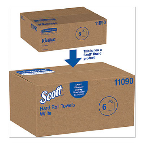 Scott Essential Plus Hard Roll Towels, 1.5" Core, 8" x 600 ft, White, 6 Rolls/Carton (11090)