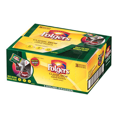 Folgers Coffee, Classic Roast, Decaf, 0.9 oz Bag, 36/Carton (06119)