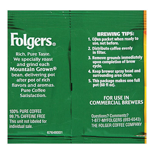 Folgers Coffee, Classic Roast, Decaf, 0.9 oz Bag, 36/Carton (06119)
