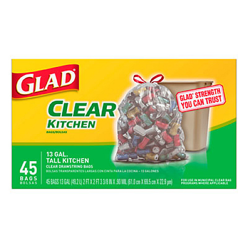 Glad Recycling Tall Kitchen Drawstring Trash Bags, 13 gal, 0.9 mil, 24" x 27.38", Clear, 180/Carton (78543CT)