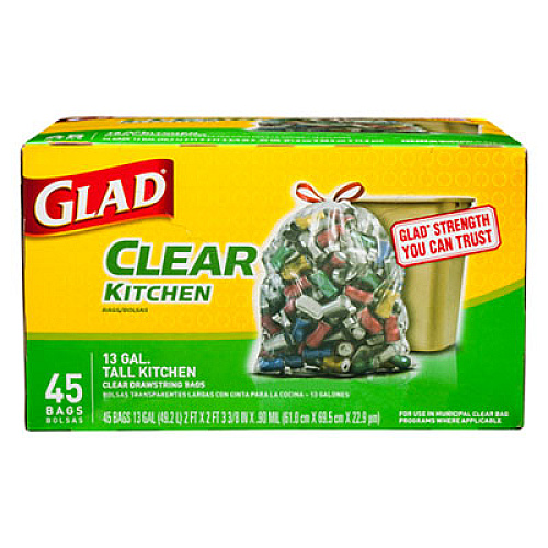 Glad Recycling Tall Kitchen Drawstring Trash Bags, 13 gal, 0.9 mil, 24" x 27.38", Clear, 180/Carton (78543CT)