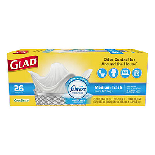 Glad OdorShield Medium Quick-Tie Trash Bags, 8 gal, 0.57 mil, 21.63" x 23", White, 156/Carton (78815CT)