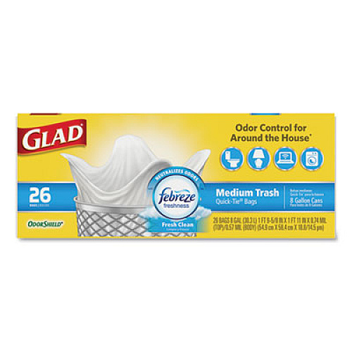 Glad OdorShield Medium Quick-Tie Trash Bags, 8 gal, 0.57 mil, 21.63" x 23", White, 156/Carton (78815CT)
