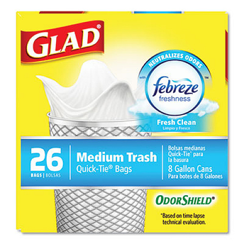 Glad OdorShield Medium Quick-Tie Trash Bags, 8 gal, 0.57 mil, 21.63" x 23", White, 156/Carton (78815CT)