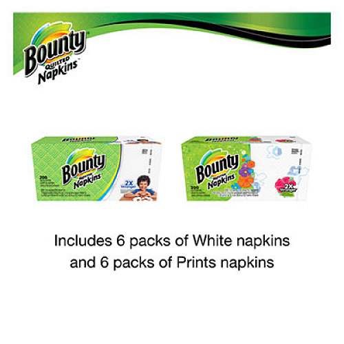 Bounty Quilted Napkins, 1-Ply, 12 1/10 x 12, 6 PK/Print, 6 PK/White, 200/PK, 12 PK/CT (34885CT)
