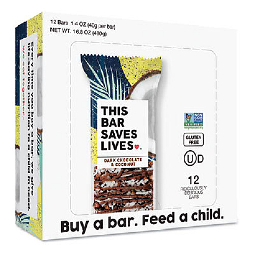 THIS BAR SAVES LIVES Snackbars, Dark Chocolate and Coconut, 1.4 oz, 12/Box (00457BX)