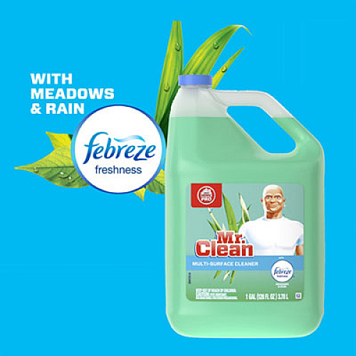 Mr. Clean Multipurpose Cleaning Solution with Febreze,128 oz Bottle, Meadows and Rain Scent, 4/Carton (23124CT)