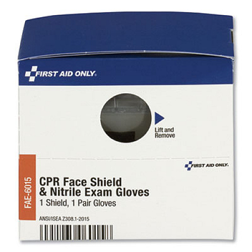 First Aid Only SmartCompliance Rescue Breather Face Shield with 2 Nitrile Exam Gloves, One Size Fits Most (FAE6015)
