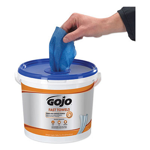 GOJO FAST TOWELS Hand Cleaning Towels, 9 x 10, Fresh Citrus, Blue, 225/Bucket, 2 Buckets/Carton (629902CT)