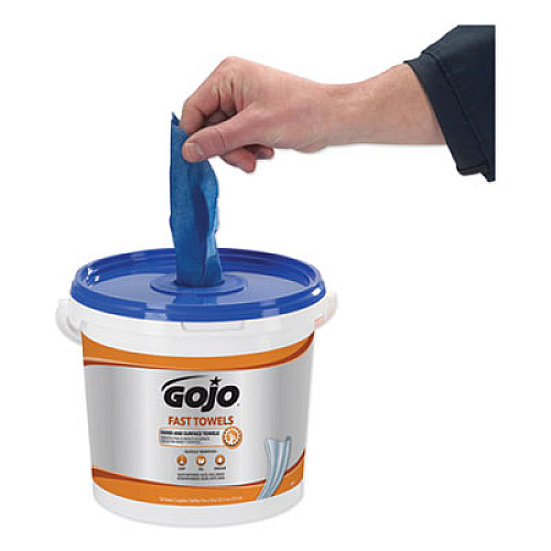 GOJO FAST TOWELS Hand Cleaning Towels, 9 x 10, Fresh Citrus, Blue, 130/Bucket, 4 Buckets/Carton (6298)