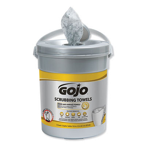 GOJO Scrubbing Towels, Hand Cleaning, 2-Ply, 10.5 x 12, Silver/Yellow, 72/Bucket, 6/Carton (639606)