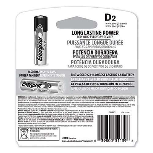 Energizer MAX Alkaline D Batteries, 1.5 V, 2/Pack (E95BP2)