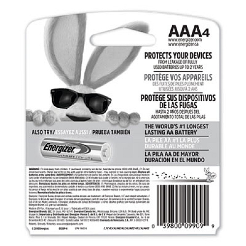 Energizer MAX Alkaline AAA Batteries, 1.5 V, 4/Pack (E92BP4)