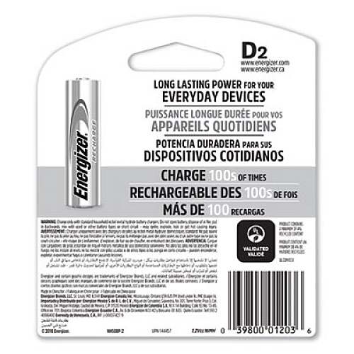 Energizer NiMH Rechargeable D Batteries, 1.2 V, 2/Pack (NH50BP2)