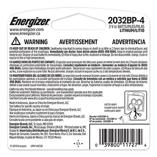 Energizer 2032 Lithium Coin Battery, 3 V, 4/Pack (2032BP4)