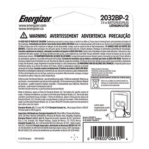 Energizer 2032 Lithium Coin Battery, 3 V, 2/Pack (2032BP2)