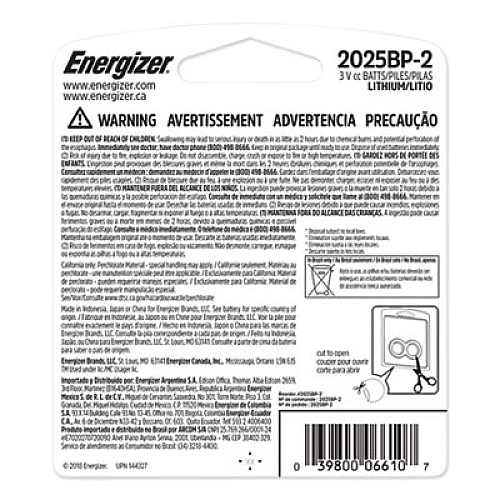 Energizer 2025 Lithium Coin Battery, 3 V, 2/Pack (2025BP2)