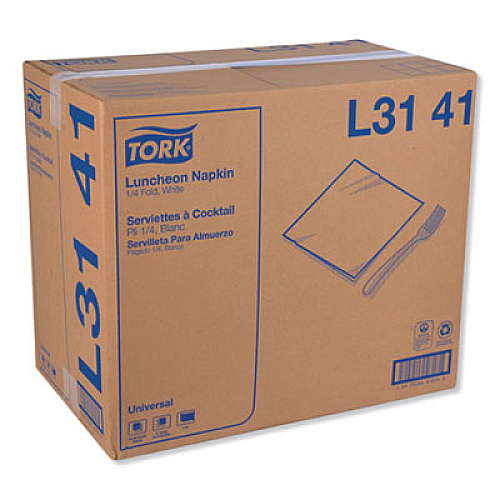 Tork Universal Luncheon Napkins, 1-Ply, 13" x 11.5", 1/4 Fold, Poly-Pack, White 6000/Carton (L3141)