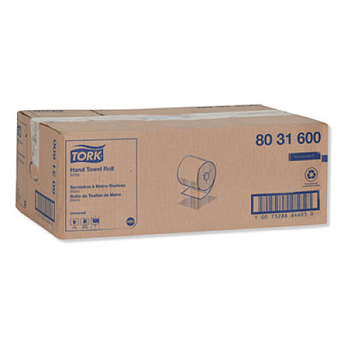 Tork Universal Hand Towel Roll, Notched, 1-Ply, 7.5" x 630 ft, White, 6 Rolls/Carton (8031600)