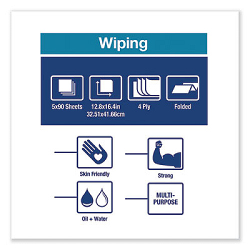 Tork Industrial Paper Wiper, 4-Ply, 12.8 x 16.4, Unscented, Blue, 90/Pack, 5 Packs/Carton (440278)