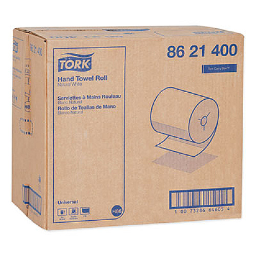 Tork Universal Hand Towel Roll, Notched, 1-Ply, 8" x 425 ft, Natural White, 12 Rolls/Carton (8621400)