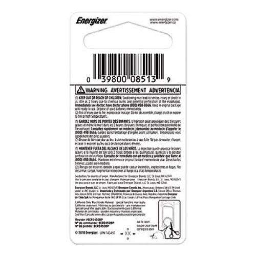 Energizer 2450 Lithium Coin Battery, 3 V (ECR2450BP)
