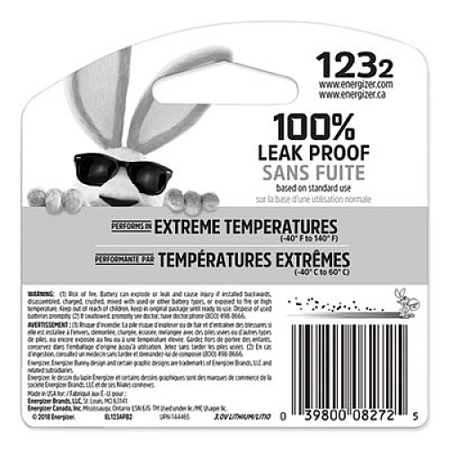 Energizer 123 Lithium Photo Battery, 3 V, 2/Pack (EL123APB2)