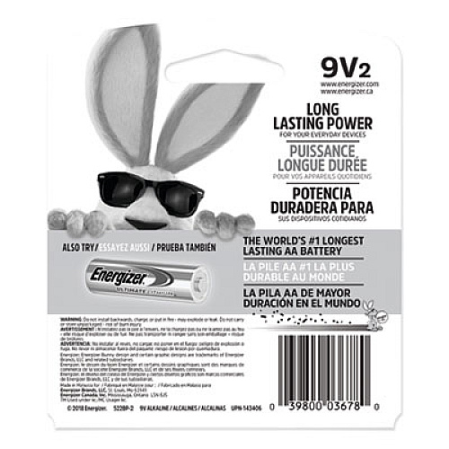 Energizer MAX Alkaline 9V Batteries, 2/Pack (522BP2)