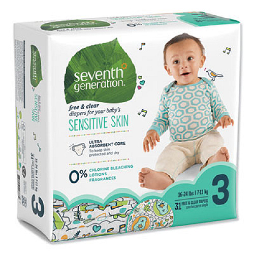 Seventh Generation Free and Clear Baby Diapers, Size 3, 16 lbs to 24 lbs, 124/Carton (44062)