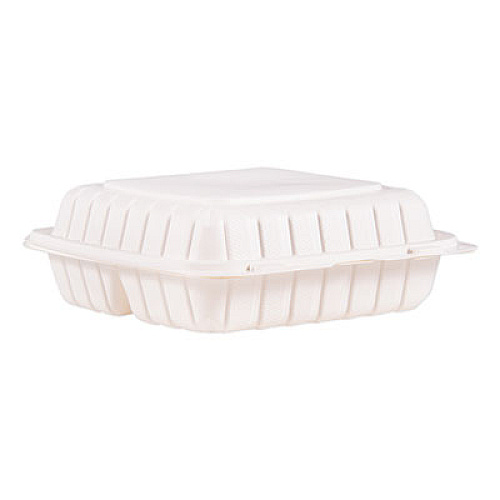 ProPlanet by Dart Hinged Lid Containers, 3-Compartment, 9 x 8.8 x 3, White, 150/Carton (90MFPPHT3)
