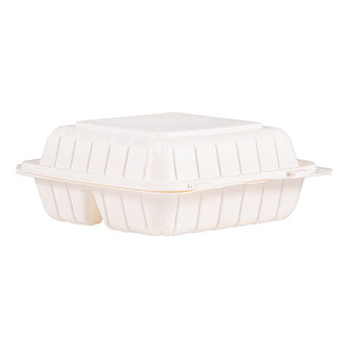 ProPlanet by Dart Hinged Lid Containers, 3-Compartment, 8.3" x 8" x 3", White, 150/Carton (85MFPPHT3)