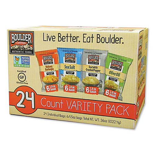 Boulder Canyon Chips Variety Pack, Hickory Barbeque, Sea Salt, Sea Salt and Cracked Pepper, Olive Oil, 1.5 oz, 12/Carton (PBR12283)