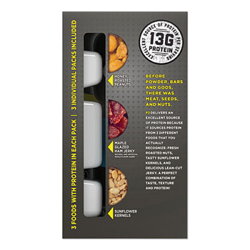 P3 PORTABLE PROTEIN PACK WITH PLANTERS PEANUTS, HONEY ROASTED PEANUTS/MAPLE HAM JERKY/SUNFLOWER KERNELS, 3/PACK (2830803)