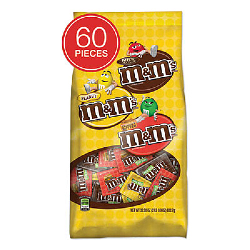 M & M's CHOCOLATE CANDIES, MILK CHOCOLATE/PEANUT/PEANUT BUTTER, INDIVIDUALLY WRAPPED, 32.9 OZ BAG (1686957)