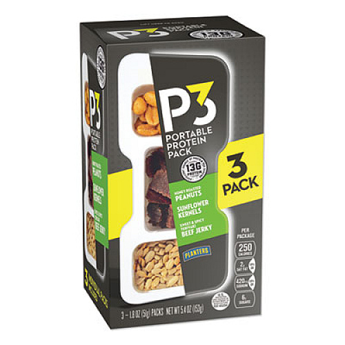 P3 PORTABLE PROTEIN PACK WITH PLANTERS PEANUTS, HONEY ROASTED PEANUTS/SWEET AND SPICY TERIYAKI JERKY/SUNFLOWER KERNELS, 3/PACK (2830802)