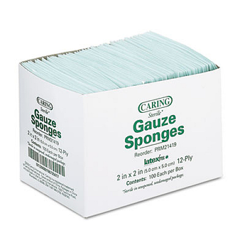 Medline Caring Woven Gauze Sponges, Sterile, 12-Ply, 2 x 2, 2,400/Carton (PRM21419)