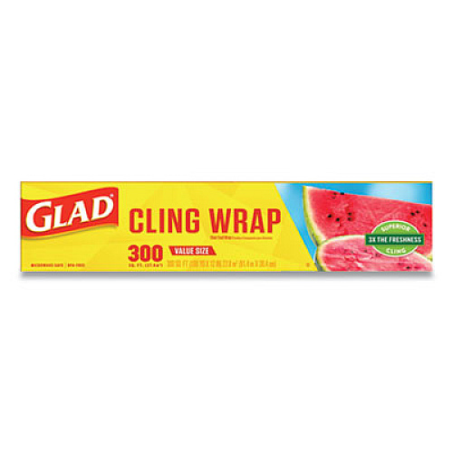 Glad Cling Wrap Plastic Wrap, 300 Square Foot Roll, Clear, 12/carton (00022)